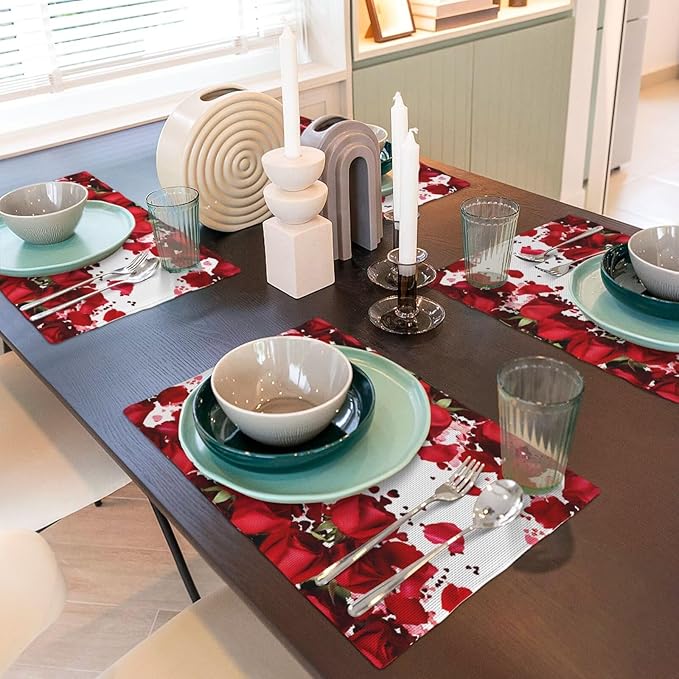 Rose Linen Table Placemats Set of 4 Romantic Red Flowers Place Mats for Home Party Kitchen Indoor Holiday Rustic Washable Heat Resistant Table Mats 12 x 18 Inch