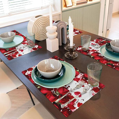 Rose Linen Table Placemats Set of 4 Romantic Red Flowers Place Mats for Home Party Kitchen Indoor Holiday Rustic Washable Heat Resistant Table Mats 12 x 18 Inch