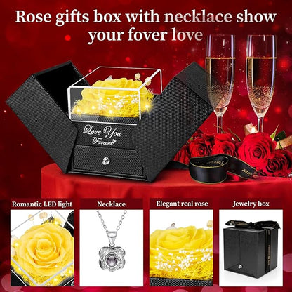 Preserved Real Rose with Heart I Love You Necklace -Eternal Flowers Rose Birthday Gifts for Her Mom Wife Girlfriend Grandma on Valentines Mothers Day Christmas Anniversary Romantic (Yellow)