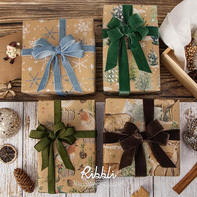 Ribbli 4 Rolls Christmas Wrapping Paper Vintage Kraft Wrapping Paper, 30 x 120 inch(10ft) Per Roll, 100 Sq Ft Total, Brown Kraft Paper with Winter Elements Pattern Snowflake/Tree/Reindeer/Bird