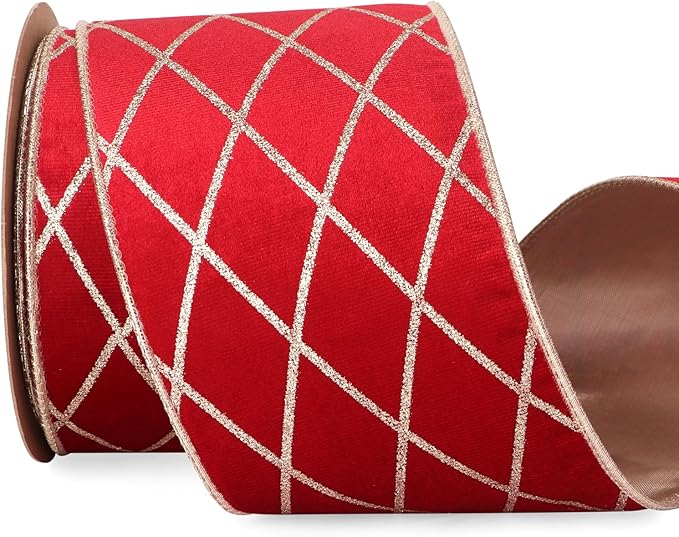 Ribbli Red Velvet Ribbon Wired with Glitter Diamond Grid 4 Inch Christmas Ribbon for Christmas Tree Decoration Big Bow Gift Wrapping Crafts Wreaths Garland Supplies - 10 Yards
