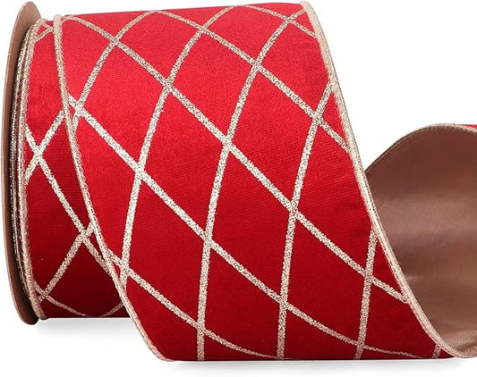 Ribbli Red Velvet Ribbon Wired with Glitter Diamond Grid 4 Inch Christmas Ribbon for Christmas Tree Decoration Big Bow Gift Wrapping Crafts Wreaths Garland Supplies - 10 Yards