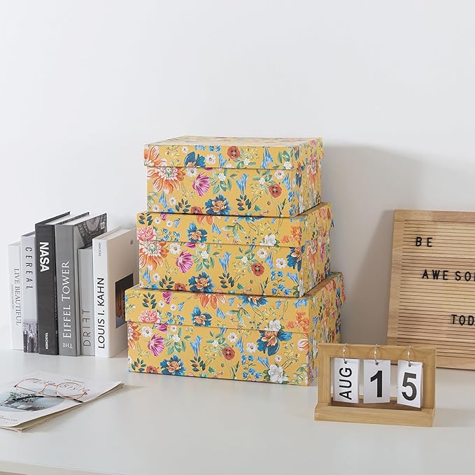 Soul & Lane Decorative Storage Boxes with Hinged Lids, Golden Bloom - Set of 3: Floral Memory Keepsake Boxes with Lids, Cardboard Photo Storage for Organizing, Home Décor, Gifts