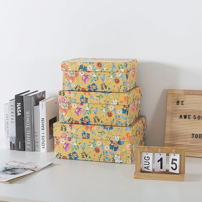 Soul & Lane Decorative Storage Boxes with Hinged Lids, Golden Bloom - Set of 3: Floral Memory Keepsake Boxes with Lids, Cardboard Photo Storage for Organizing, Home Décor, Gifts