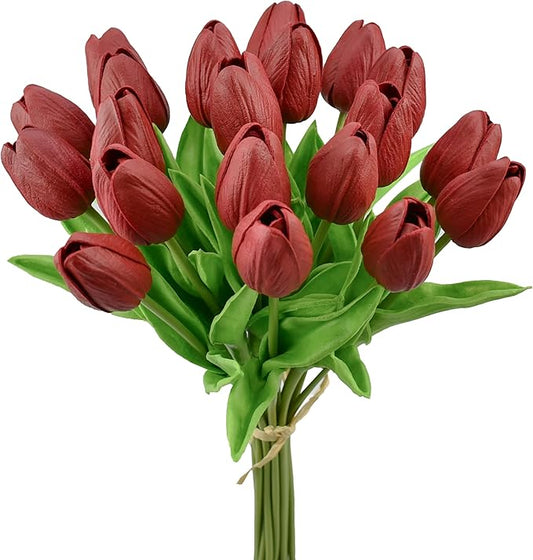 Mandy's Artificial Tulips 20 Stems Burgundy PU Faux Flowers for Thanksgiving and Christmas Decorations Wedding Home Decor 13.5 Inch