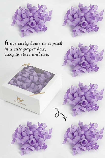 HUIHUANG Purple Bows for Gift Wrapping, Lavender Curly Ribbon Bows Self Adhesive Burst Gift Bow for Presents, Wine Bottle, Treat Bags, Wrap Accessories, Bridal Shower Wedding Party Favor - 6 Counts