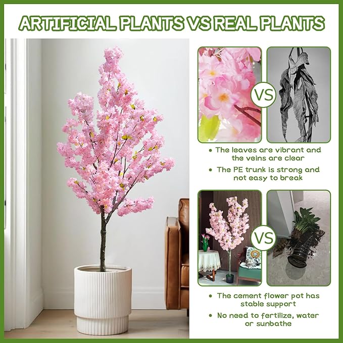 Artificial Cherry Blossom Tree - 6ft Realistic Potted Silk Pink Plant for Home Indoor Outdoor Decor, Spring Weddings