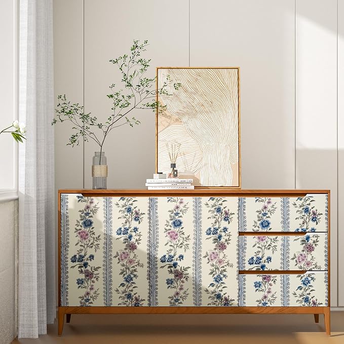 Vintage Floral Wallpaper Peel and Stick Boho Wallpapers 17.5in x 9.8ft Blue/Beige Floral Wall Mural Vinyl Removable Self Adhesive Nursery Modern Wallpaper for Bookshelf Cabinets Bathroom Walls