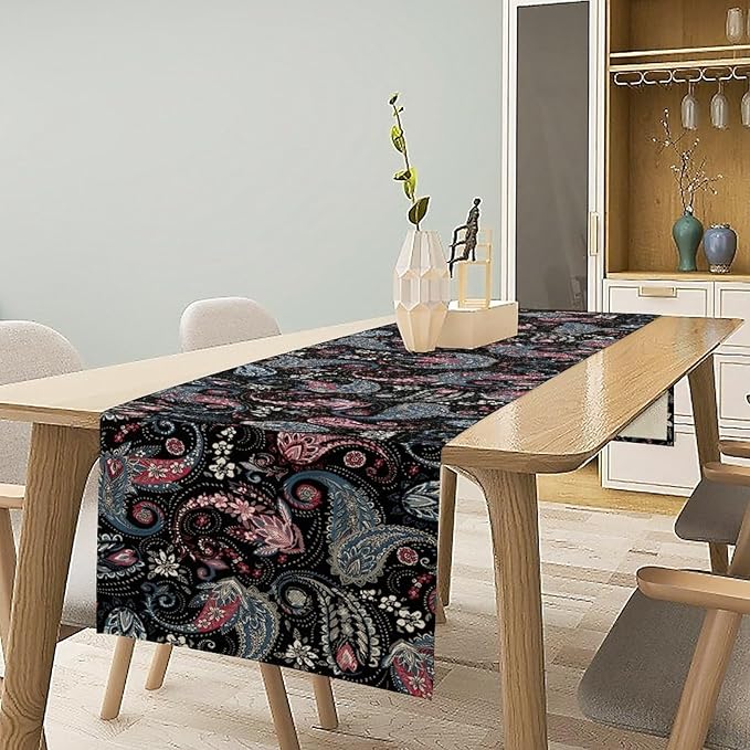Bohemian Table Runner, Black Blue Pink Paisley Floral Boho Decor Table Runner for Kitchen Dining Home Party, 13x108 Inch
