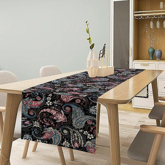 Bohemian Table Runner, Black Blue Pink Paisley Floral Boho Decor Table Runner for Kitchen Dining Home Party, 13x90 Inch