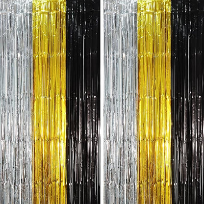 2 Pack Black Gold Silver Foil Fringe Backdrop Curtains, Tinsel Streamers Party Decorations, Fringe Backdrop, Door Shimmer for New Years or Birthday Party