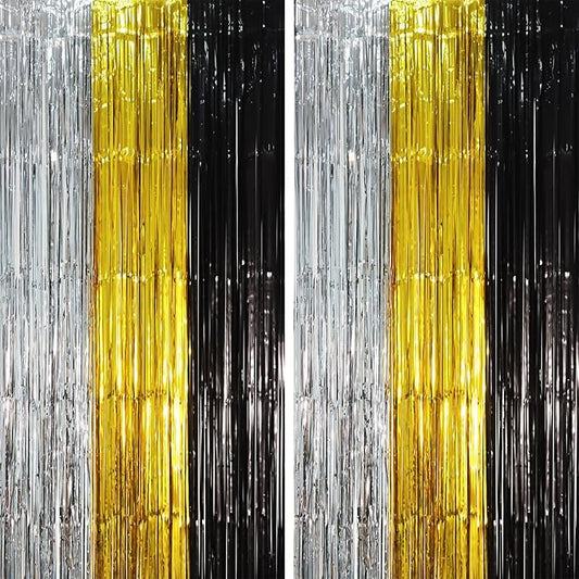 2 Pack Black Gold Silver Foil Fringe Backdrop Curtains, Tinsel Streamers Party Decorations, Fringe Backdrop, Door Shimmer for New Years or Birthday Party