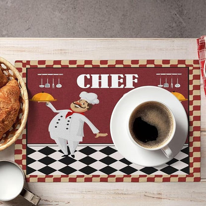 Chef Kitchen Linen Placemats Set of 4 Funny Fat Chef Red Plaid Placemats for Indoor Outdoor Party Home Desktop Dining Room Decor 12x18 Inch