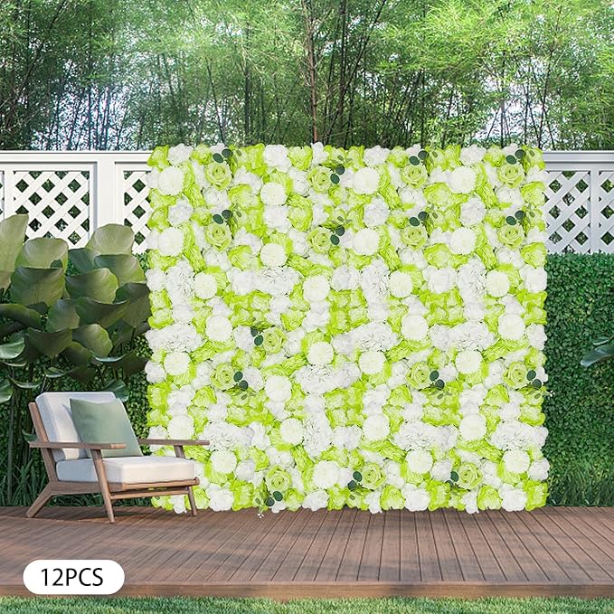 15"x 15" Artificial Flower Wall Panels,Flower Wall Mat Silk Flower Panels for Outdoor Garden Backyard Fence Fence Privacy Screen and Indoor Wall Decor(12Pcs Green+White)