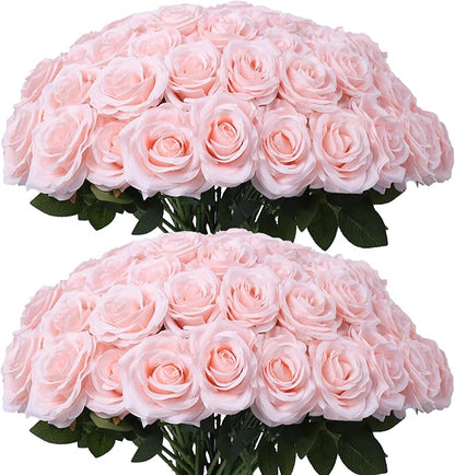 Artificial Rose 30 Pcs Flower Blush Flowers Pink Roses Silk Flowers with Long Stem Silk Roses Bouquet for Wedding Bridal Shower Party Home Decoration