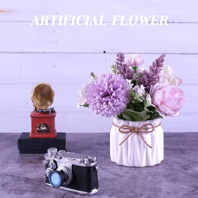 Artificial Potted Flowers, Small Ceramic Vase Fake Flower Plants Desktop Decoration Indoor for Home and Office, Faux Flowers Hydrangea Decora for Table,Bookshelf,Bedroom,Living Room,Party.(Purple)