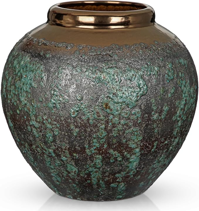 Ceramic Flower Vase, 12" Rustic Farmhouse Flower Vase with Wide Bronze Mounth, Vintage Tall Terracotta Vase for Home Office Resto Café Decoration