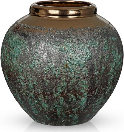 Ceramic Flower Vase, 12" Rustic Farmhouse Flower Vase with Wide Bronze Mounth, Vintage Tall Terracotta Vase for Home Office Resto Café Decoration