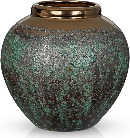 Ceramic Flower Vase, 12" Rustic Farmhouse Flower Vase with Wide Bronze Mounth, Vintage Tall Terracotta Vase for Home Office Resto Café Decoration