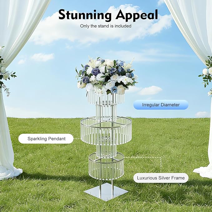 5 Tiers Wedding Centerpieces Vase, 43.3In Silver Acrylic Flower Vase with Hanging Crystals, Square Chandelier Pedestal Stand for Party Table Decoration Lawn Hotel