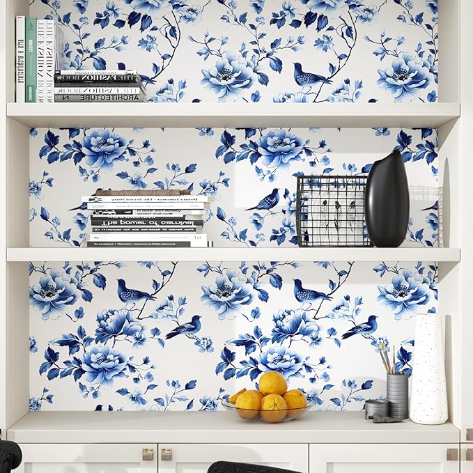 Blue Floral Wallpaper Peel and Stick Vintage Bird Leaf Contact Paper Self Adhesive Removable Modern Wall Mural Boho Wall Paper for Room Walls Cabinet Kitchen Decor 17.5in x9.8ft