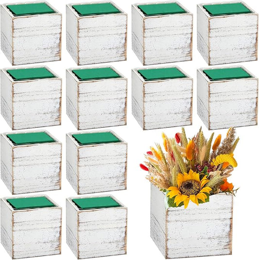 Dandat 12 Sets Wooden Cube Planter Boxes for Centerpiece 4 Inch Flower White Wood Rustic Square Vase with Removable Plastic Liner Floral Foam Block for Garden Wedding Christmas Home Arrangement Decor