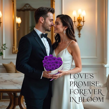 GLAMOUR BOUTIQUE Preserved Roses in a Box - Gifts for Her, Wife & Mom, Rose Flowers Forever Decor for Birthday Gift, Get Well Flower Bouquet Cased in White Box with Cover - Purple - 16-Piece