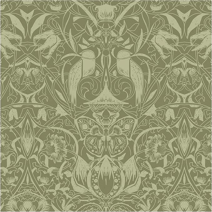 Vintage Peel and Stick Wallpaper Boho Bird Wall Paper Floral Contact Paper for Bedroom 17.3" X 78.8" Removable Wallpaper Self Adhesive Olive Green Botanical Decorative Wallpapers Bathroom Vinyl