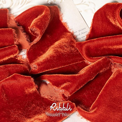 Ribbli Rust Red Velvet Ribbon 3 Inch Handmade Frayed Vintage Christmas Ribbon for Gift Wrapping Christmas Tree Ornament Wreath Craft Home Decor -3 Yards