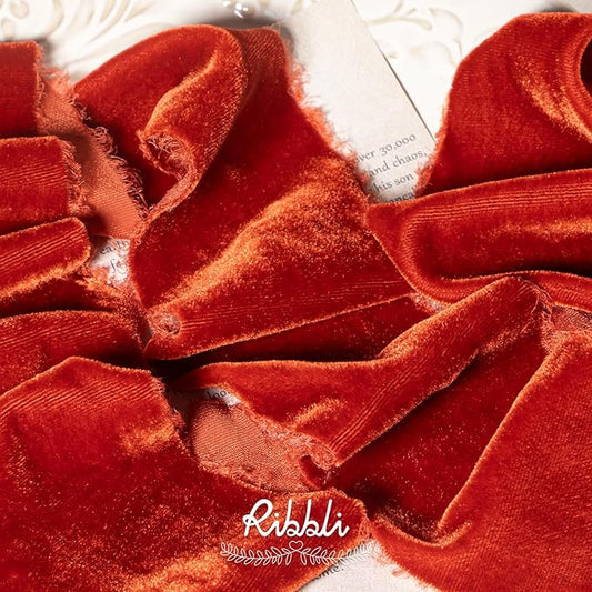 Ribbli Rust Red Velvet Ribbon 3 Inch Handmade Frayed Vintage Christmas Ribbon for Gift Wrapping Christmas Tree Ornament Wreath Craft Home Decor -3 Yards