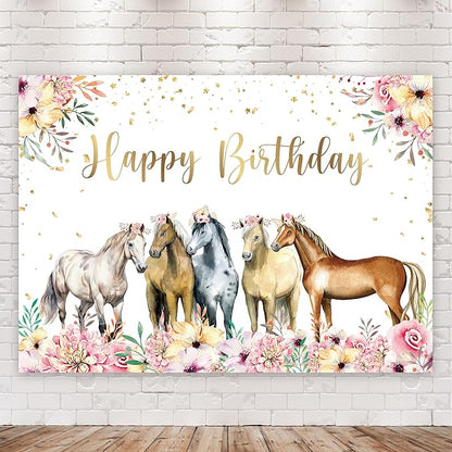 Riyidecor Horse Happy Birthday Backdrop Watercolor Florals 7Wx5H Feet Polyester Fabric Western Cowgirl Photography Background for Girls Women Princess Children Table Decor Banner Studio Photo Shoot