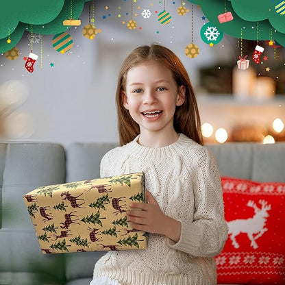 Christmas Wrapping Paper, Holiday Kraft Gift Paper (4 Rolls: 93 sq. ft. ttl) - Red/Green and Black Plaid Grid Patterns, Stockings Snowflakes Pine Tree and Reindeer - 17 inches x 16.5 feet Per Roll