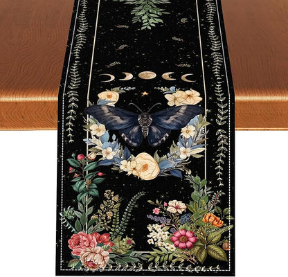 Gothic Moth Table Runner, Boho Vintage Floral Gothic Sun Moon Phase Mystical Witchy Farmhouse Coffee Table Center Decor for Home Kitchen Dining Patio Holiday Party Table Decorations 13x36 inches