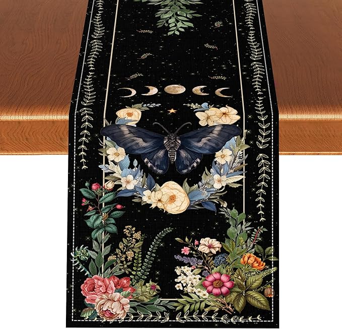 Gothic Moth Table Runner, Boho Vintage Floral Gothic Sun Moon Phase Mystical Witchy Farmhouse Coffee Table Center Decor for Home Kitchen Dining Patio Holiday Party Table Decorations 13x108 inches