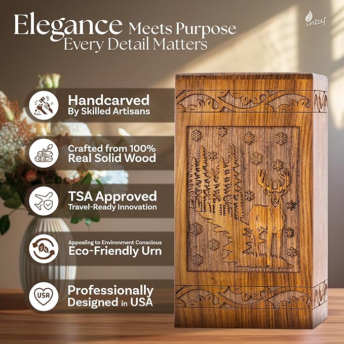 INTAJ Handcarved Rosewood Deer Urn for Human Ashes Adult Male Female - 250 lbs Capacity Forest Scene Wooden Cremation Urn Box Suitable for Burial Funeral Decorative Wildlife Memorial Casket