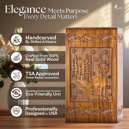 INTAJ Handcarved Rosewood Deer Oversized Urn for Human Ashes - 640 lbs Companion Capacity - Forest Scene Wooden Cremation Urn Box for Burial Funeral Decorative Wildlife Memorial Casket