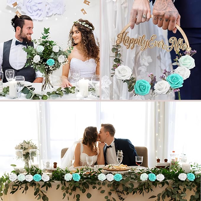 50PCS Artificial Flowers Green Series Roses Real Looking Foam Fake Roses with Leaves and for DIY Wedding Bouquets Bridal Shower Centerpieces Party Decorations (Green Series, 50)
