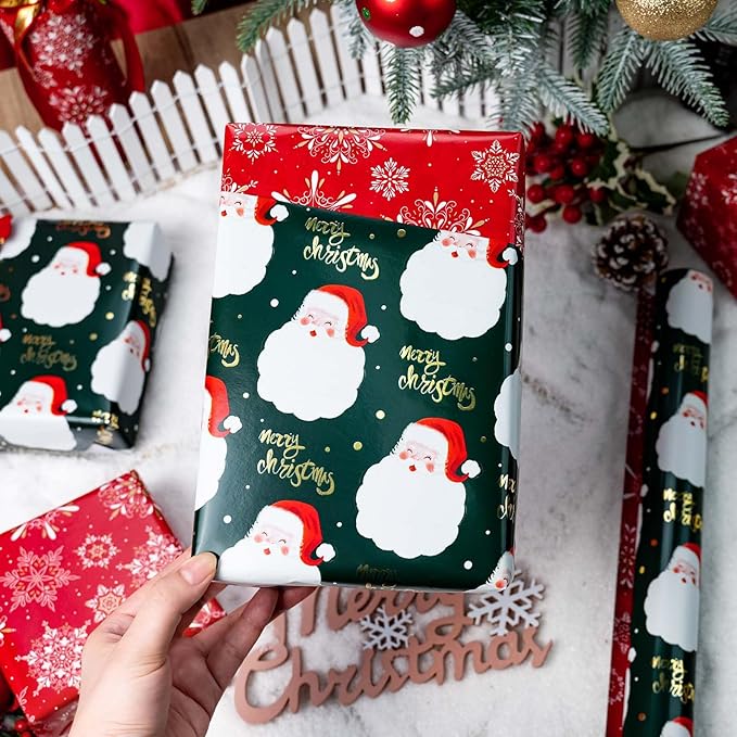 MAYPLUSS Christmas Wrapping Paper Roll - 17IN X 33FT - Green Gift Wrap Paper Featuring Santa Claus Gold Merry Christmas Reversible Snowflake for Kids, Holiday, New Year