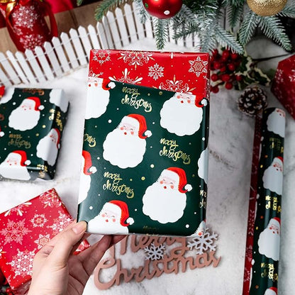 MAYPLUSS Christmas Wrapping Paper Roll - 17IN X 33FT - Green Gift Wrap Paper Featuring Santa Claus Gold Merry Christmas Reversible Snowflake for Kids, Holiday, New Year