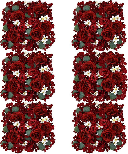 Pack of 6 Artificial Silk Flower Panels, Faux Floral Wall Background for Wedding Party Engagement Bridal Shower Arrangement Home Decorations - Burgundy