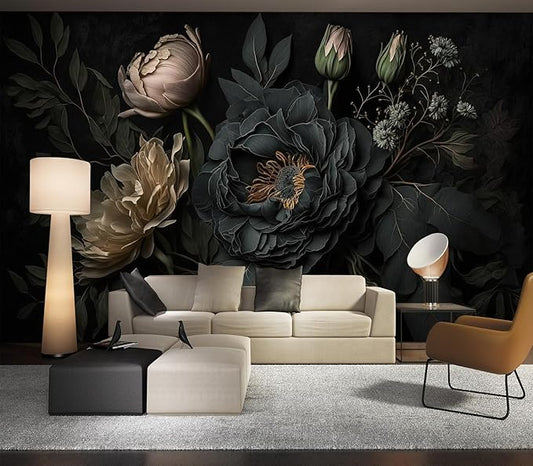 Eierme-Mysterious Black Peony Mural Wallpaper Peel and Stick 90" x 67"