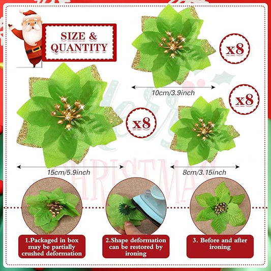 WILLBOND 24 Pcs 3 Size Poinsettia Flower Artificial Christmas Decor Glitter Poinsettia Christmas Ornaments Faux Flowers for Xmas Tree Outdoor(3.2/4/6 Inches,Green)