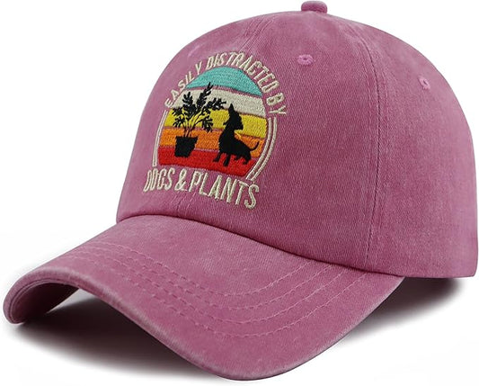 Easily Distracted by Dogs and Plants Hats, Adjustable Plant and Dog Decor Embroidered Baseball Cap for Men Women