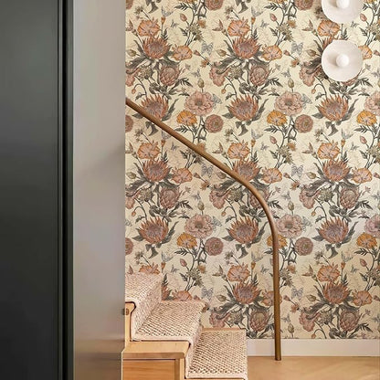Floral Wallpaper Peel and Stick Floral Contact Paper Yellow and Pink Vintage Wall Paper Removable Self Adhesive Vinyl Stick on Wallpaper for Bathroom Bedroom Decor 17.3in x 400in