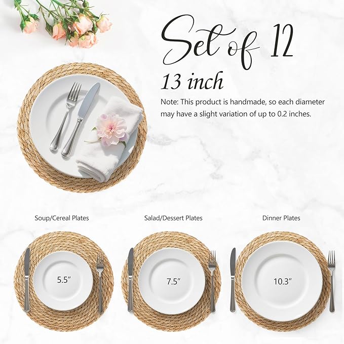 13 Inch Woven Placemats Set of 12, Rustic Round Placemat for Dining Table, Boho Jute Charger for Dinner Plates, Farmhouse Winter Holiday Decor, Water Hyacinth Wicker Rattan Braided Place Mats