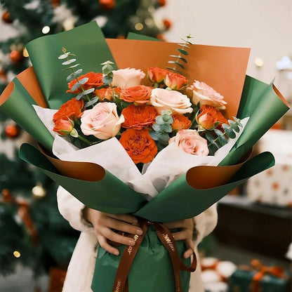 LeZakaa 20 Sheets Christmas Flower Wrapping Paper, Retro Green and Bronze Gold Design Waterproof Reversible Floral Bouquet Paper, for Valentines, Mothers Day, Party, Birthday, Wedding, Baby Shower