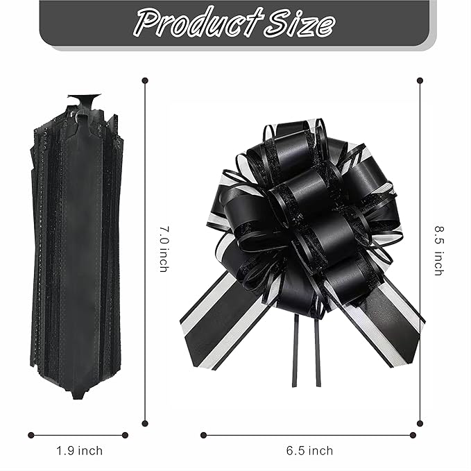 10-Pack Jet Black Pull Bows for Gift Wrapping - 6 Inch Reusable Ribbon Bows, Large Instant Floral Decor Bows for Wedding, Christmas, Birthday Decor, Gift Basket & Party Decorations