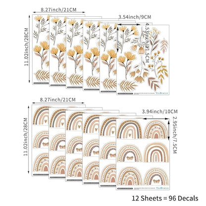 YouRfocus Boho Rainbow Floral Wall Decals for Nursery & Kids Room – Set of 96 Removable Peel and Stick Wall Stickers, Neutral Boho Home Decor (12 Sheets