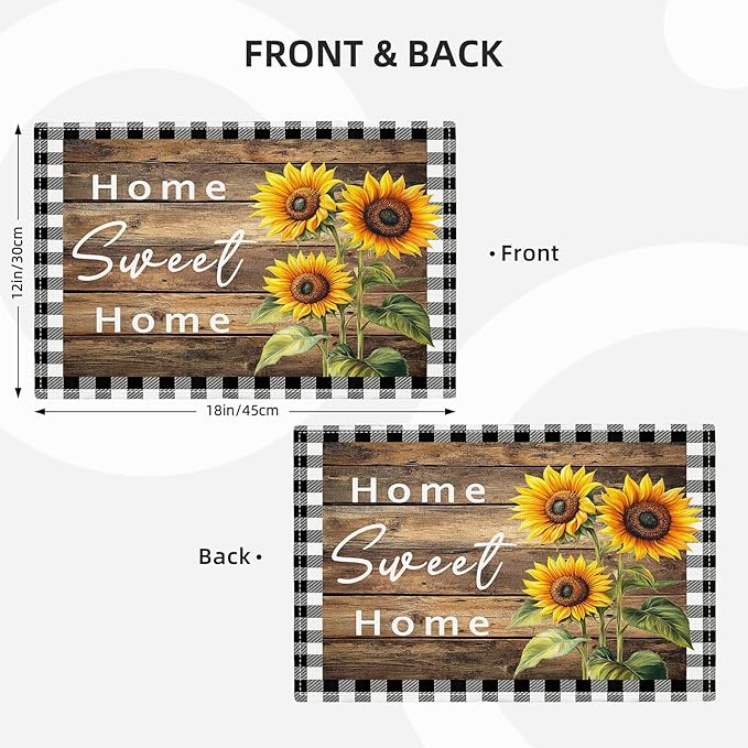 Farmhouse Sunflower Placemats Set of 4, Home Sweet Home Place Mats, Rustic Dining Table Mats, Washable Placemats for Kitchen Dining Room Home Decor 18L'' × 12W''