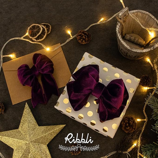 Ribbli Burgundy Velvet Wired Ribbon 1.5 Inch Velvet with Satin Christmas Ribbon for Gift Wrapping Christmas Tree Decoration Crafts Wreaths Supplies-Continuous 10 Yards